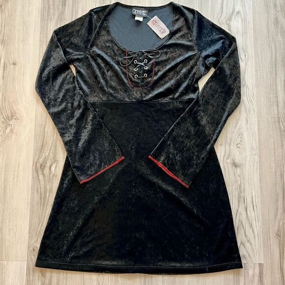 Vintage Y2K Tripp nyc crushed velvet dolly dress in black sz L bell sleeves NWT - Picture 7 of 16